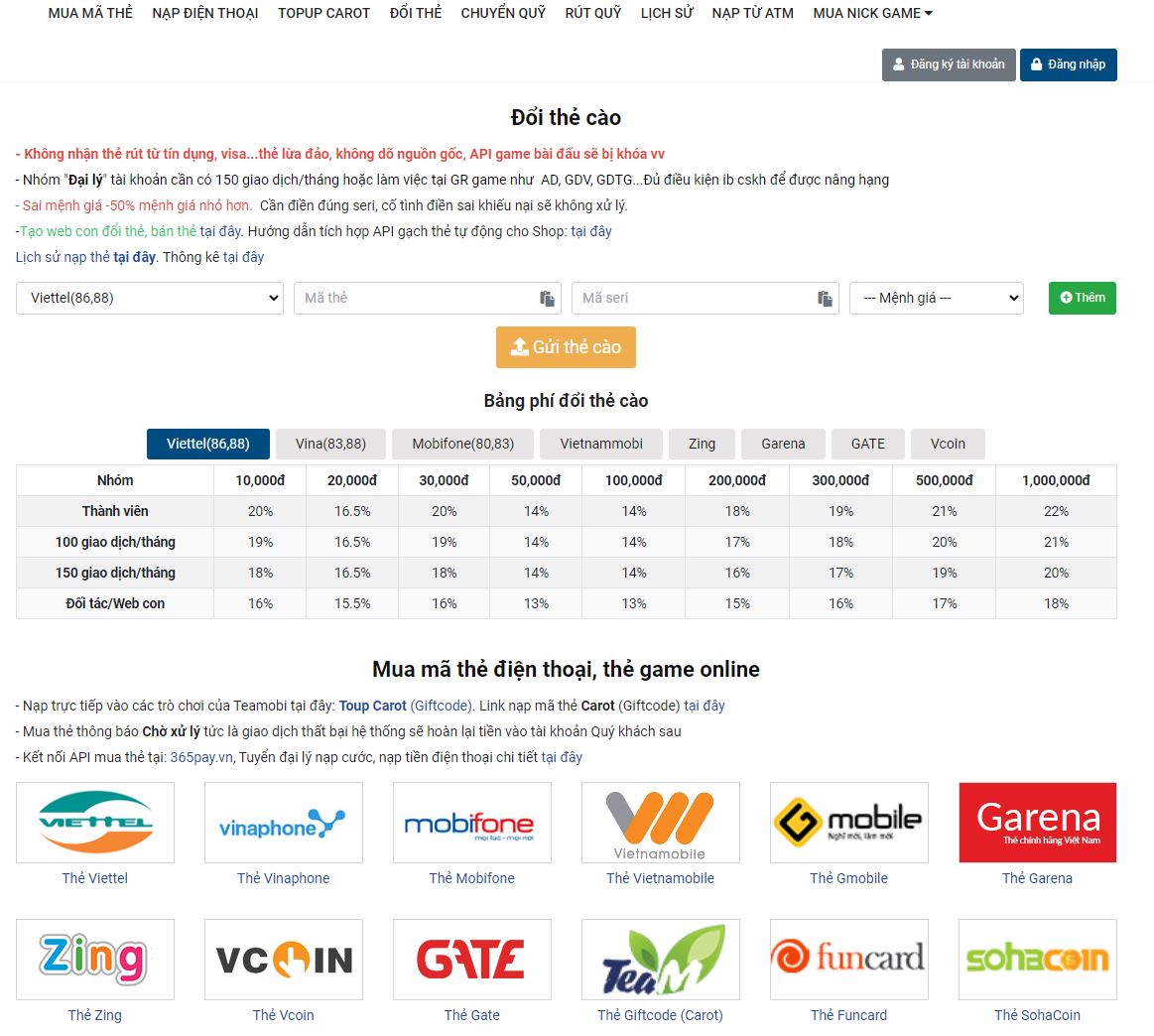 Chia sẻ code web bán thẻ cào, đổi thẻ cào và nạp tiền điện thoại tự động